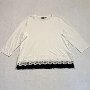 Chico's Top Blouse Lace Trim White 3/4 Sleeve Casual Size‎ 2 US Large